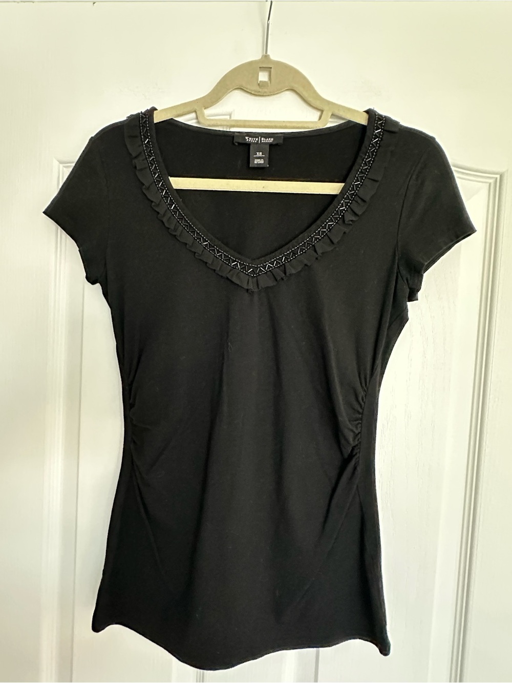 White House Black Market NWOT Black Short Sleeve V-Neck Top with Beaded Trim